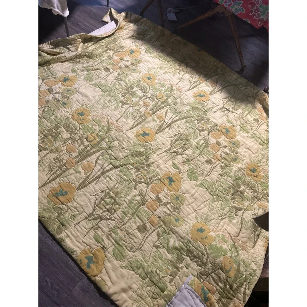 Vintage 70s Floral Besdpread mid century Poppies Yellow Green Orange 76x91
